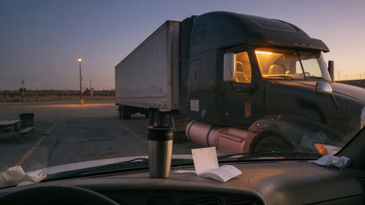 View from a truck cab dashboard at dusk, a travel mug and folded paper slip beside the windshield, with a parked semi truck and trailer outside